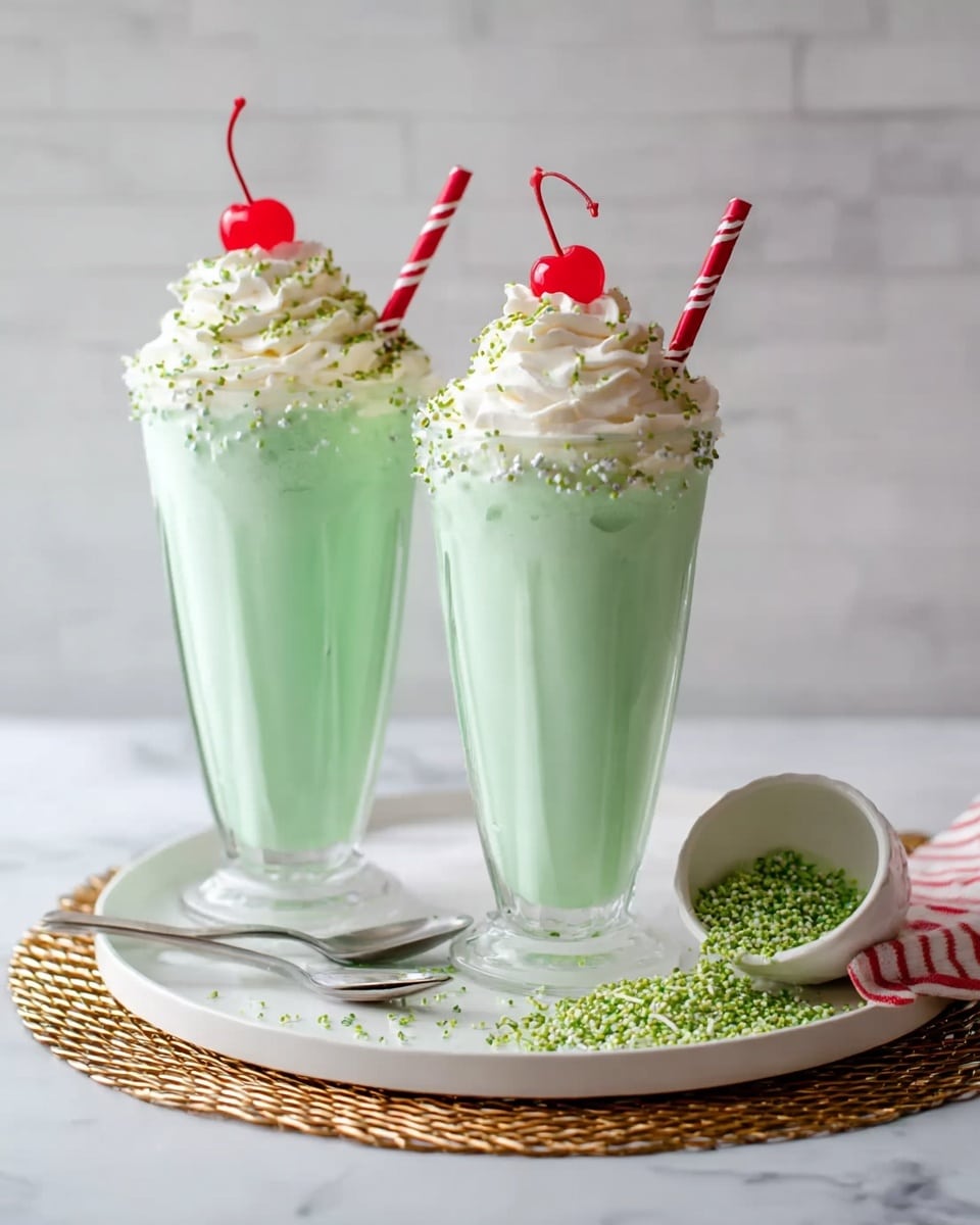 Two tall clear glasses hold light green milkshakes with a smooth, creamy texture filling each glass about three-quarters full. On top of each milkshake is a fluffy swirl of white whipped cream sprinkled with small green sprinkles. Each whipped cream top is crowned with a bright red cherry. A red and white striped straw is placed in the whipped cream of each milkshake, leaning slightly to the side. The glasses are set on a large round white plate with a slightly raised edge, placed on a gold-colored woven mat over a white marbled surface. Nearby, a small white bowl tilted on its side has spilled more green sprinkles onto the plate, and a silver spoon rests beside the glasses. The photo taken with an iphone --ar 4:5 --v 7