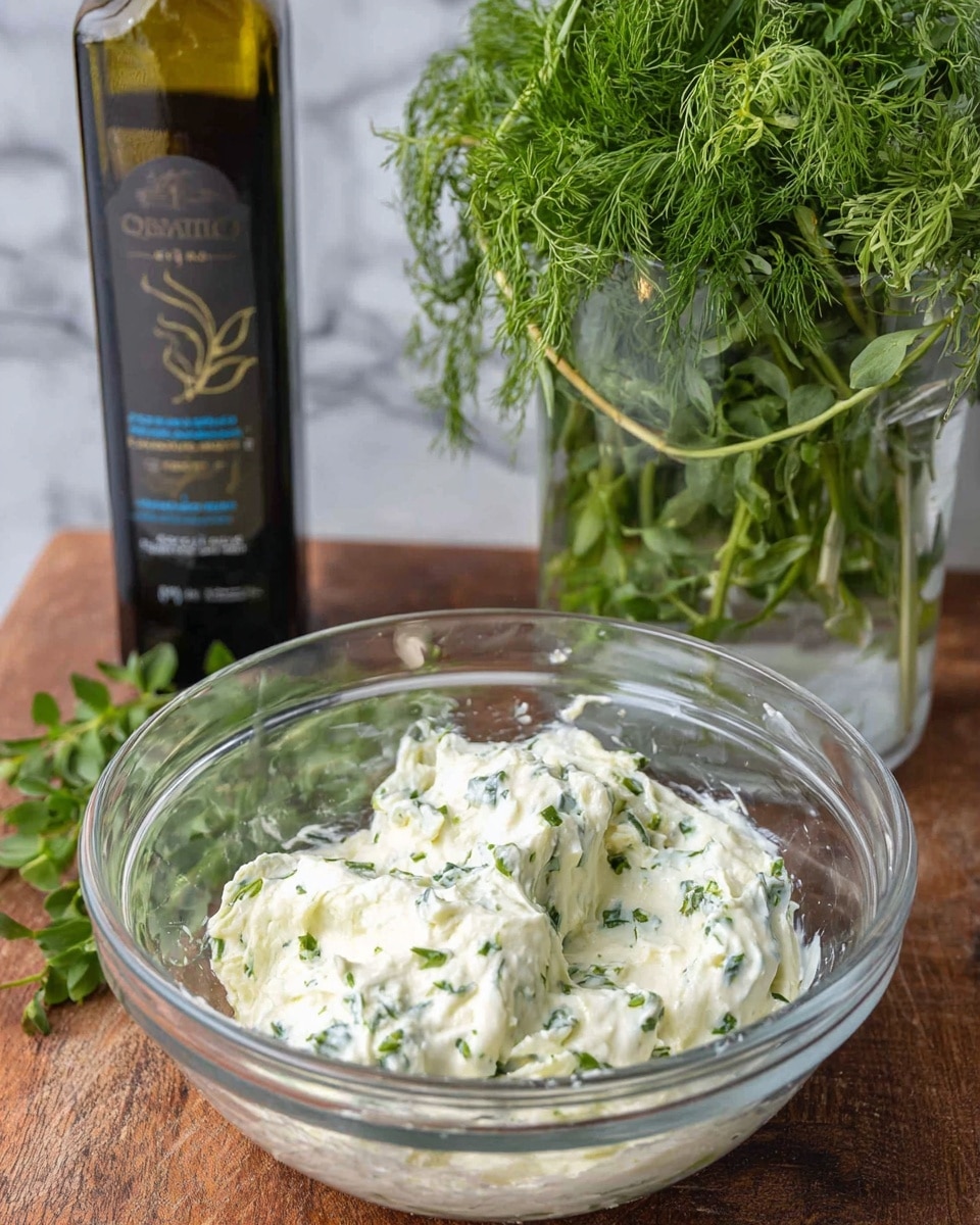 A clear glass bowl filled with a creamy white mixture that has small green herb pieces mixed throughout, showing a thick and slightly uneven texture. Behind the bowl, a bunch of fresh green herbs with delicate leaves hangs over the edge of a clear glass container filled with water. To the left, there is a dark bottle labeled Spanish extra virgin olive oil, standing on a wooden surface. The background is a white marbled texture. photo taken with an iphone --ar 4:5 --v 7