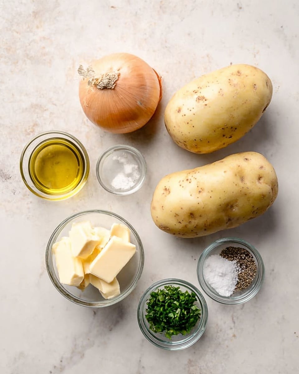 The image shows a white marbled surface with raw cooking ingredients neatly arranged: two peeled potatoes with some dark spots in the middle, one whole yellow onion with a dry skin on the top left, a small glass bowl of clear oil on the bottom left, a small glass bowl with two pieces of pale yellow butter below the potatoes, a small glass bowl with chopped green herbs on the bottom right near the potatoes, and two small glass bowls containing white salt and black pepper next to the potatoes on the right side. The items are spaced out with soft natural light and no shadows. photo taken with an iphone --ar 4:5 --v 7