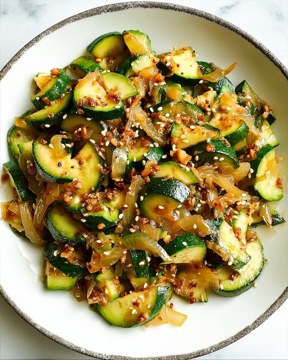 A white plate with a gray and black rim holds a mix of cooked zucchini pieces and onion slices. The zucchini is cut into thick small chunks with dark green edges and soft yellow-green flesh. The onions are brown and slightly soft, mixed in throughout the zucchini. The dish is sprinkled with white sesame seeds, scattered on top and around the plate. The plate sits on a white marbled surface. photo taken with an iphone --ar 4:5 --v 7
