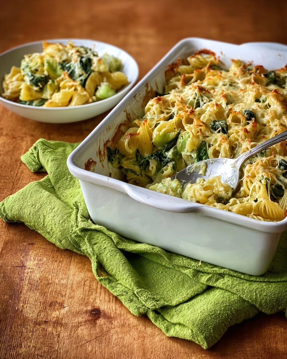 The dish is a baked pasta casserole inside a white rectangular ceramic dish. It has multiple layers starting with a base of green spinach leaves, followed by layers of wide, wavy-edged pasta pieces that are pale yellow with browned, crispy edges. Melted cheese is spread unevenly on top, creating a slightly golden, bubbly crust with a few parts looking more browned and crunchy. The pasta pieces overlap each other, showing some holes and a rough texture. The casserole edges show slight baked marks on the white dish. The background is a white marbled surface photo taken with an iphone --ar 4:5 --v 7