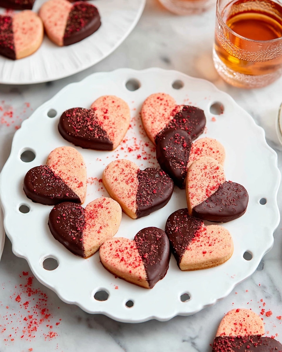 The image shows heart-shaped cookies arranged on a white plate with circular cut-out patterns around the edge. Each cookie has two layers: the bottom layer is a light brown color and the top layer is a reddish-brown shade. Half of each cookie is dipped in dark chocolate, and the chocolate-covered side is sprinkled with small red crumbs. There are some red crumbs scattered on the white marbled surface around the plate. In the background, there is a white plate with more cookies, and there are two glasses with a light orange drink near the edges of the image. The overall setting is bright and clean. photo taken with an iphone --ar 4:5 --v 7