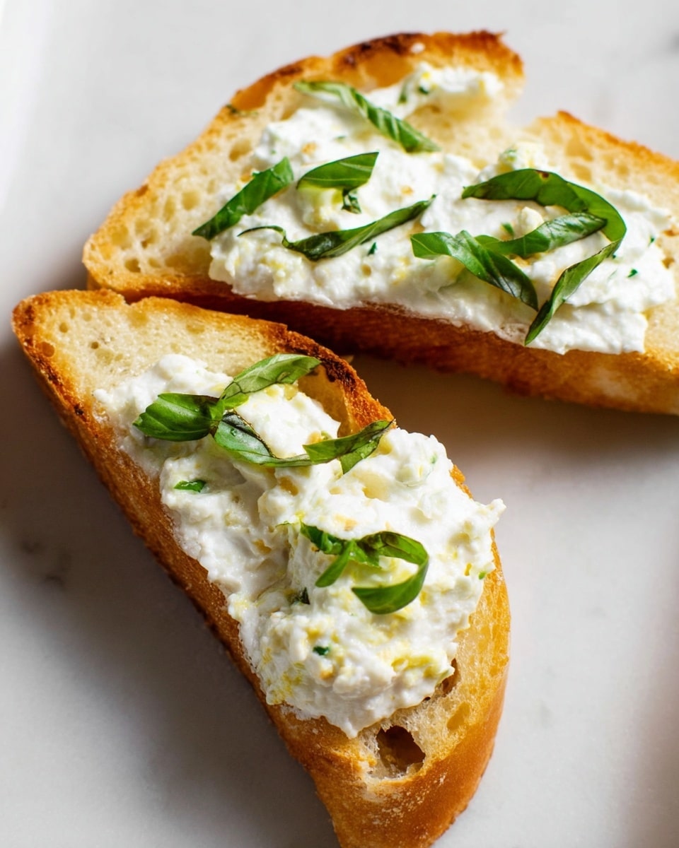 Two slices of toasted bread are placed on a white marbled surface. Each slice is covered with a layer of creamy white cheese spread that looks soft and slightly fluffy. Bright green, thinly sliced basil leaves are scattered on top of the cheese, adding color contrast. The bread edges are golden brown and crunchy, with visible airy holes. The image shows the slices close up, capturing the texture of the cheese and bread clearly. photo taken with an iphone --ar 4:5 --v 7