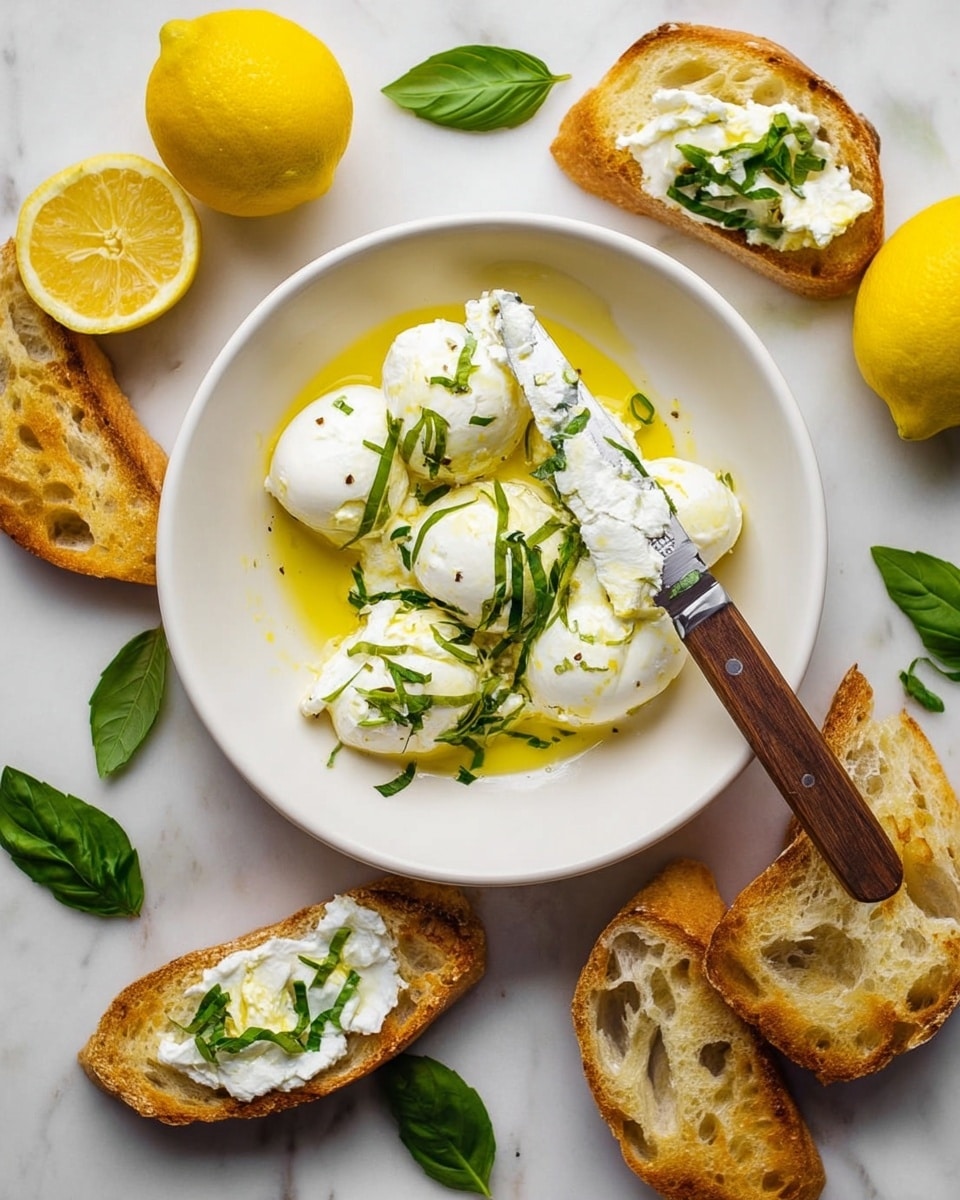 A white bowl in the center holds soft white cheese balls sitting in a pool of golden olive oil, topped with thin green basil strips and a few whole basil leaves. A knife with a wooden handle rests inside the bowl, spreading the cheese. Around the bowl, several toasted white bread slices are placed on a white marble surface, some topped with the cheese spread and basil. Two bright yellow lemon halves and whole lemons are visible near the top, with fresh green basil leaves scattered around for decoration. Photo taken with an iphone --ar 4:5 --v 7