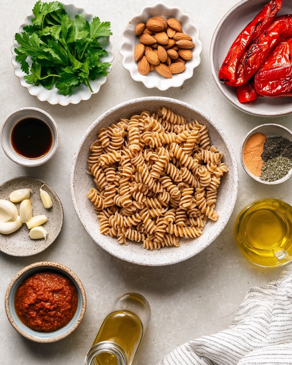 A white speckled bowl filled with light brown fusilli pasta sits at the center on a white marbled surface. Around it, several small white bowls hold different ingredients: one bowl has whole roasted red peppers with char marks on top right, another bowl holds whole almonds above the pasta, to the top left a scalloped bowl contains fresh green parsley leaves. Near the bottom left, a small white bowl has a rich red paste, and next to it, a small round plate holds peeled garlic cloves. Below the pasta bowl, two more bowls are placed: one contains a dark brown liquid, the other a mix of orange, black, and white spices. A small glass jar filled with golden olive oil is near the bottom right, with a folded white and grey striped cloth to the right side. Photo taken with an iphone --ar 4:5 --v 7