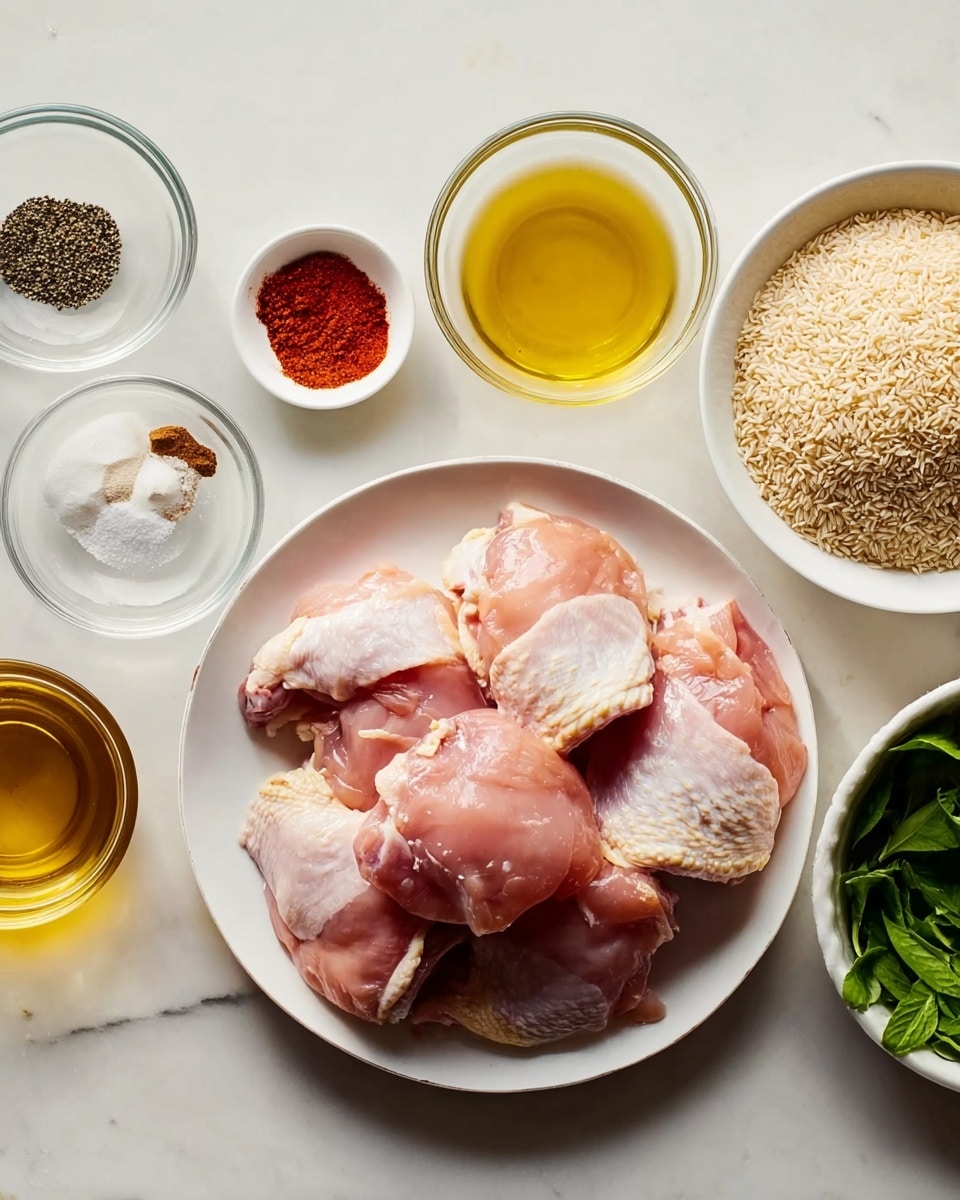 A white plate holds six raw pinkish pieces of chicken with some skin, arranged close together in the center of a white marbled surface. Around the plate are small clear bowls and white dishes filled with light yellow oil, brownish broth, green leafy herbs, light brown rice, and spices - each spice showing a different color: white, black, bright red, and beige. The setup looks neat and ready for cooking. Photo taken with an iphone --ar 4:5 --v 7