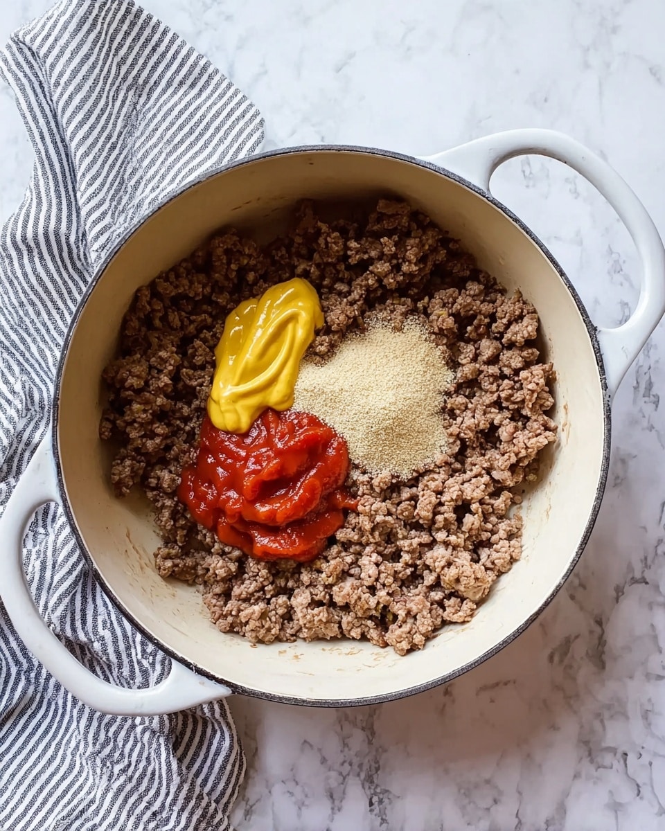 In a white pot with two handles, there is cooked ground meat spread evenly across the bottom. On top of the meat, there are three dollops of sauce and seasoning: a bright yellow mustard sauce on the upper left, a small heap of fine light beige powder in the middle, and a smooth red tomato sauce sitting just below the powder. The pot is placed on a white marbled surface, and a striped gray and white cloth is partially visible on the left side. photo taken with an iphone --ar 4:5 --v 7