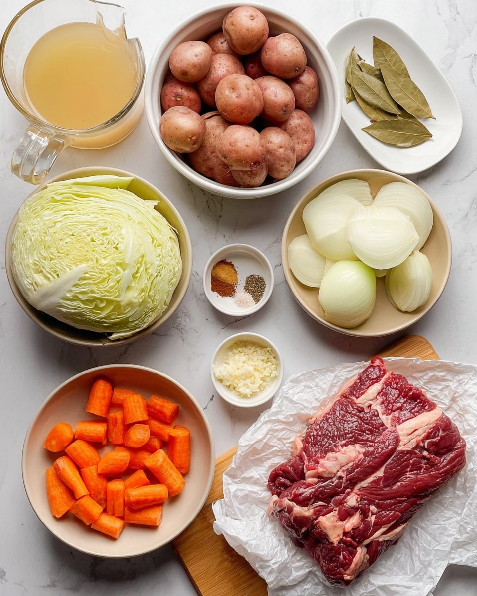 The image shows various uncooked ingredients arranged neatly on a white marbled surface. In the center-right, there is a large piece of raw red meat with some white fat on a crumpled white paper. Above it, a white bowl is filled with small red potatoes. To the top right, a white dish holds two dried bay leaves. Next to it, a large beige bowl is filled with thick slices of white onion. Below the bowl of onions, a small white dish contains minced garlic, and a small brown dish holds mixed spices. On the bottom left, a round bowl contains quartered pale green cabbage. Beside it, orange carrot pieces are placed on a light brown wooden board. Near the center-left, a transparent glass measuring cup is filled with light yellow broth. The scene is well-lit, with natural light enhancing the fresh look of the ingredients. photo taken with an iphone --ar 4:5 --v 7