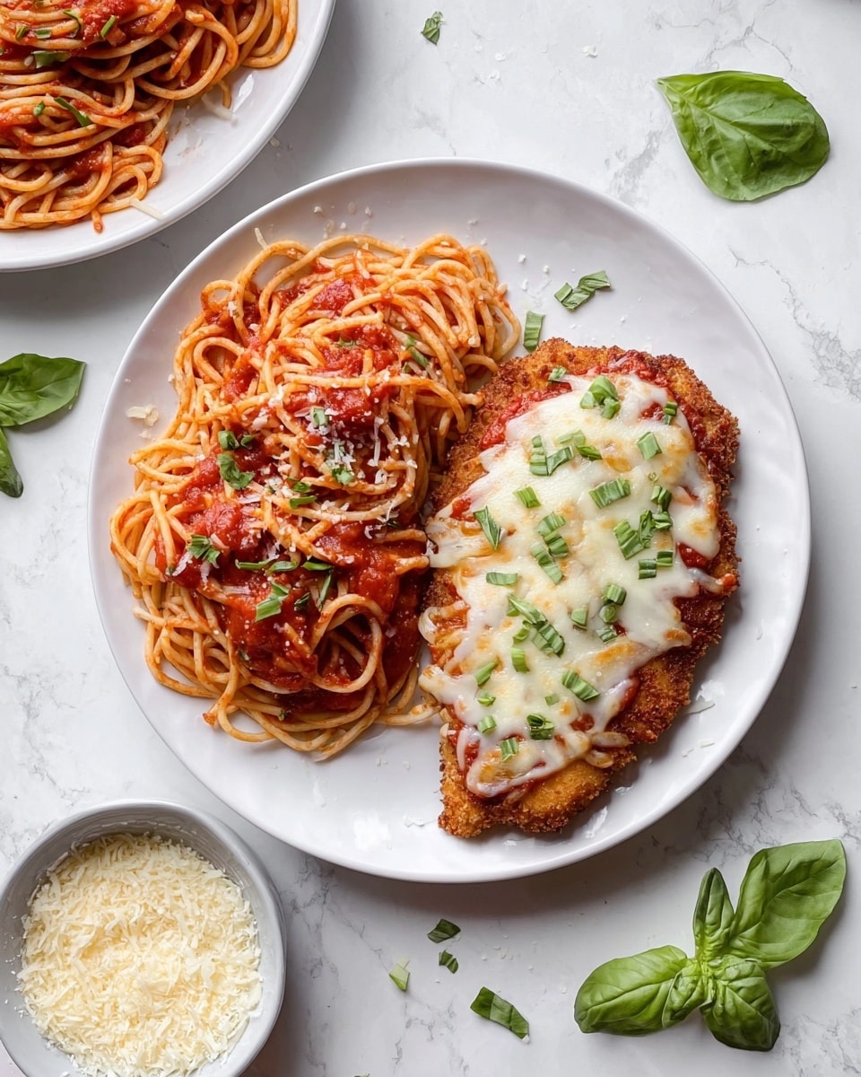 A white round plate holds a serving of spaghetti and chicken parmesan. On the left side, there is a pile of spaghetti noodles coated in red marinara sauce with some green basil pieces sprinkled on top. On the right side, a breaded chicken cutlet is covered with a thick layer of melted white cheese and marinara sauce, garnished with small green basil pieces. Surrounding the plate are scattered green basil leaves and a small bowl of grated cheese on a white marbled surface. photo taken with an iphone --ar 4:5 --v 7