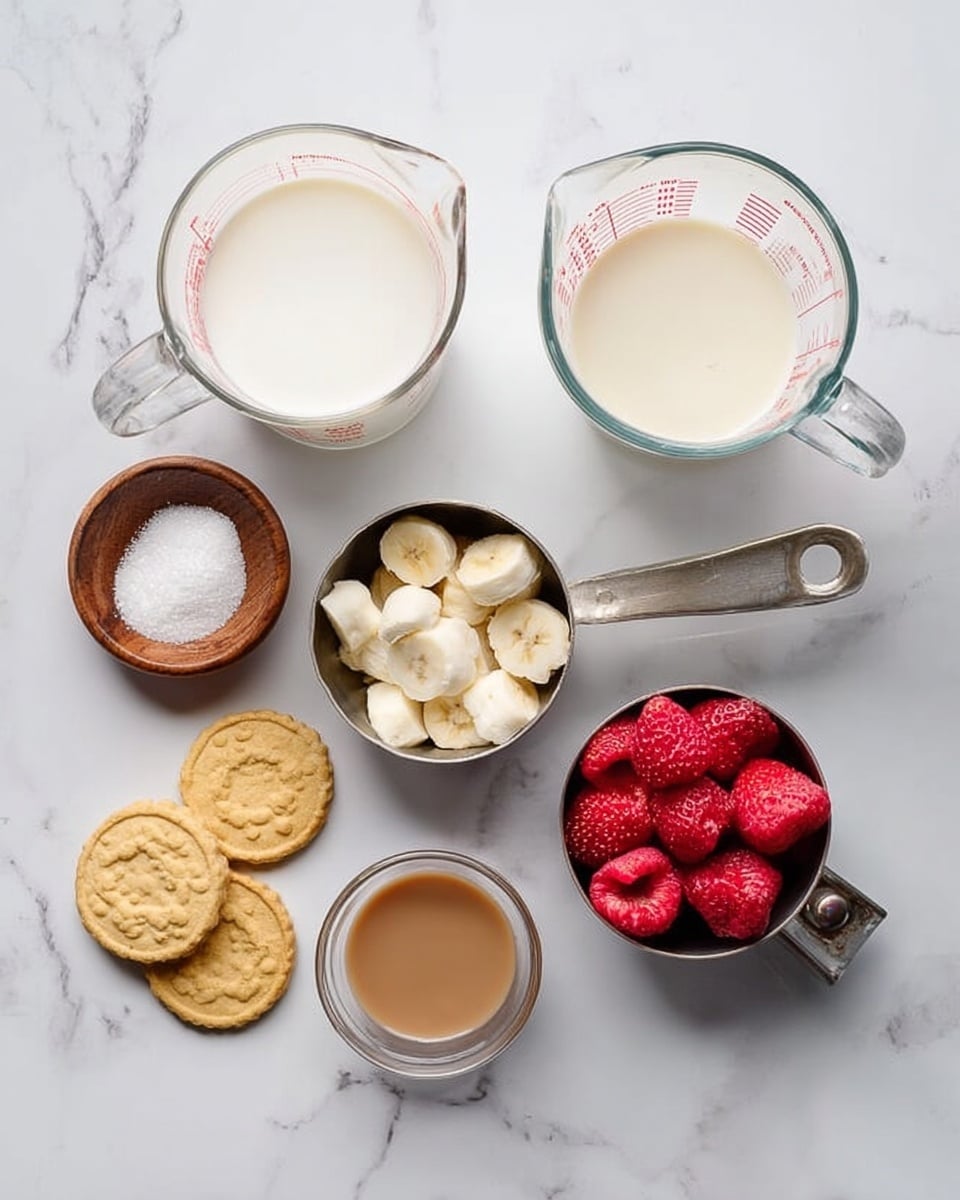 The image shows a white marbled surface with several measuring cups and bowls arranged neatly. There are two clear glass measuring cups at the top; the left one holds a white liquid, and the right one contains a creamy white liquid. Below them, a metal measuring cup filled with small white curd-like chunks is placed near the center. To the right of this cup, a small metal measuring cup holds bright red frozen strawberries. Below the strawberries, another metal measuring cup is filled with small round beige frozen banana slices. In the center, a small clear glass bowl contains a light brown liquid, and to the left of it, there is a small wooden bowl with white granulated sugar. Two round light yellow biscuits with a textured surface are placed near the wooden bowl on the marbled surface. Photo taken with an iphone --ar 4:5 --v 7