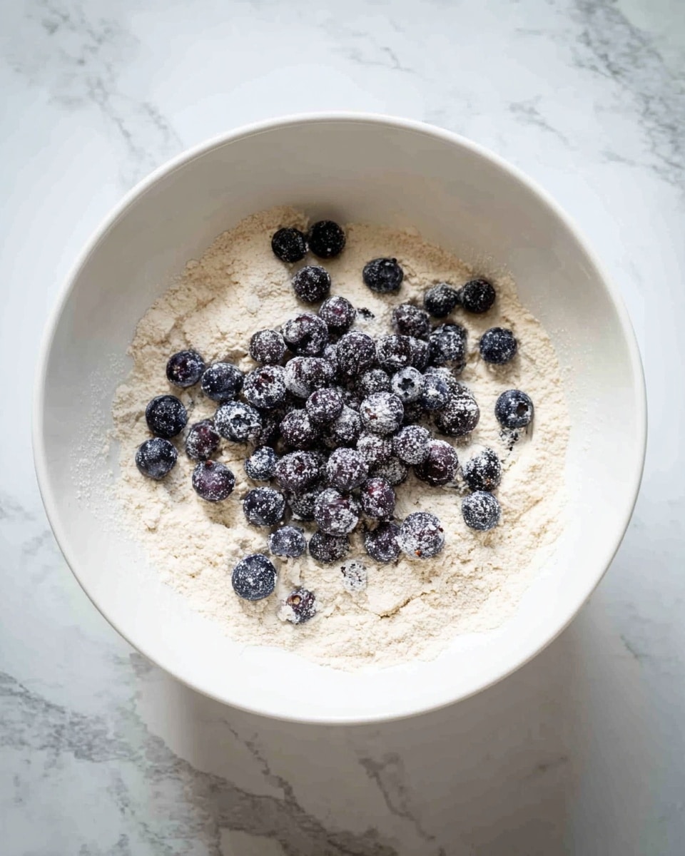 A white bowl filled with a light beige flour base layer, and on top of it a layer of small dark purple blueberries, some dusted with flour, all placed on a white marbled surface photo taken with an iphone --ar 4:5 --v 7