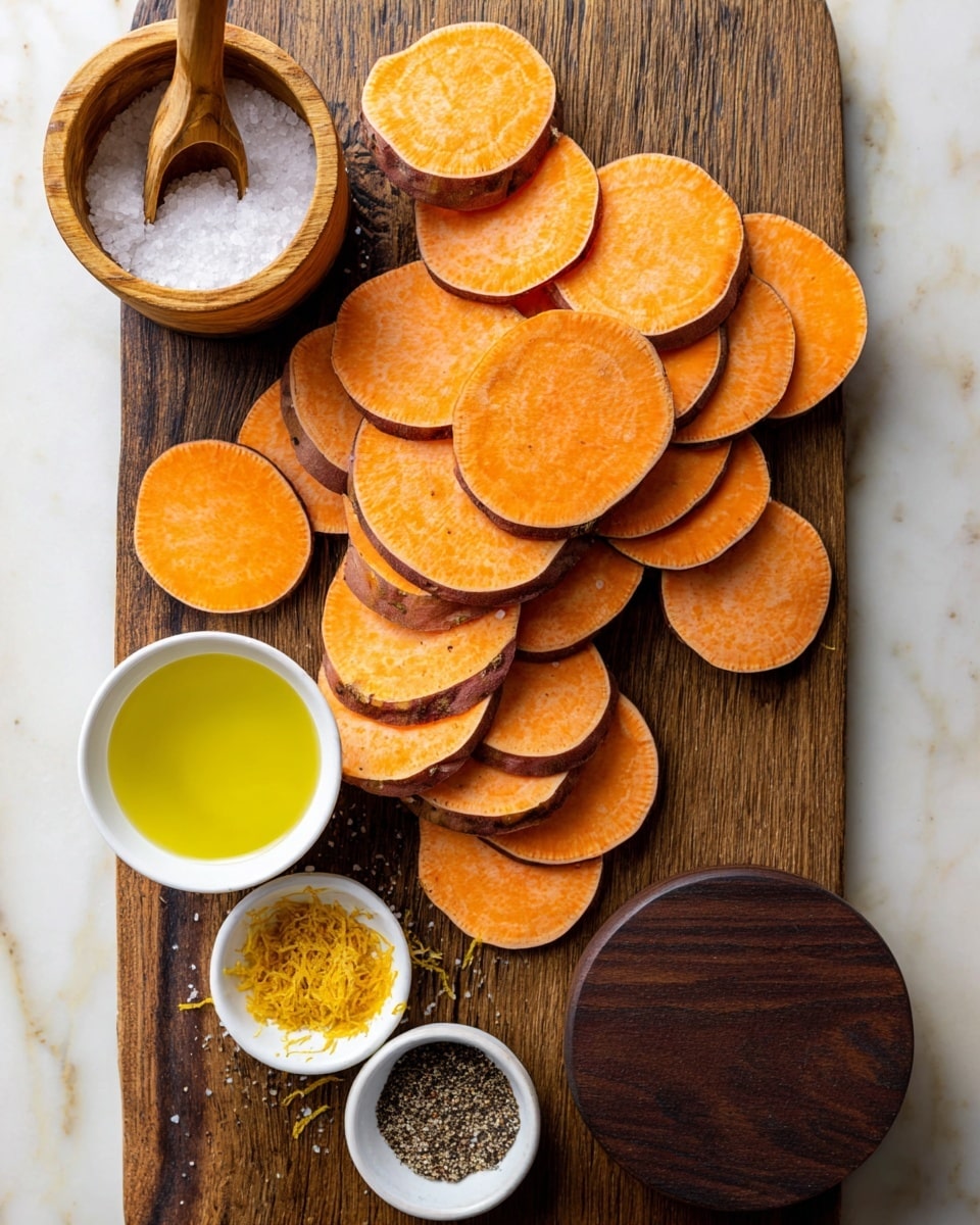 A wooden board on a white marbled surface holds several stacks of bright orange sweet potato slices with dark brown skin edges, scattered around unevenly. At the top left corner, there is an open wooden salt jar with a small wooden spoon inside, filled with coarse salt. Below it, a white bowl contains yellow olive oil, and next to it is a small white container with orange zest. At the bottom right, a white bowl holds ground black pepper, with a dark brown wooden lid placed nearby. The natural textures of the sweet potato, wood, and bowls contrast against the clean white marbled background. Photo taken with an iphone --ar 4:5 --v 7