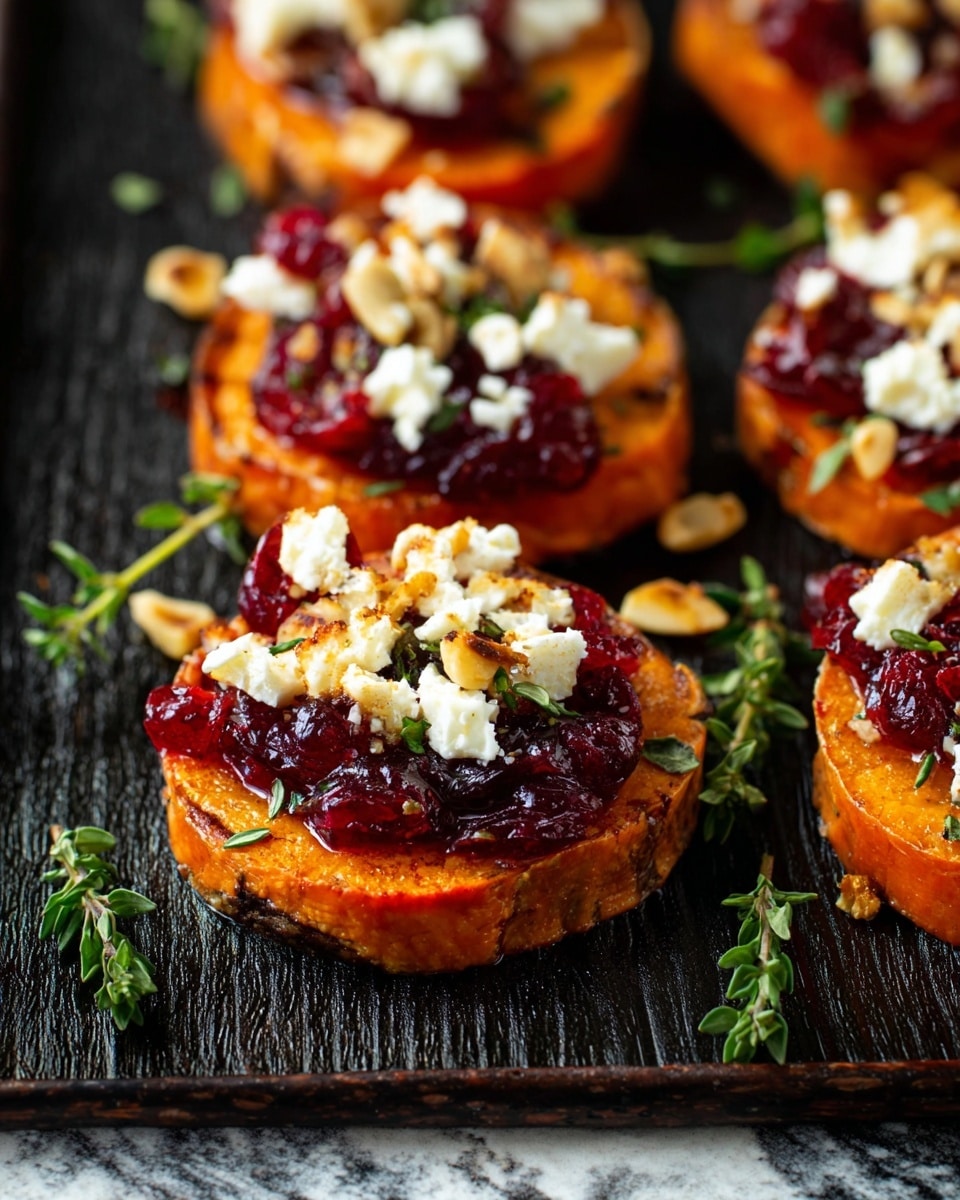 Small round slices of roasted orange sweet potatoes form the base layer, each slice topped with a dollop of bright red cranberry sauce in the center. On top of the cranberry sauce, there are crumbled white cheese pieces and scattered light brown toasted nuts, giving a crunchy texture. Fresh green herb sprigs are sprinkled over the slices and around on the dark textured tray holding them. The tray sits on a white marbled surface that adds a clean contrast to the vibrant colors of the food photo taken with an iphone --ar 4:5 --v 7