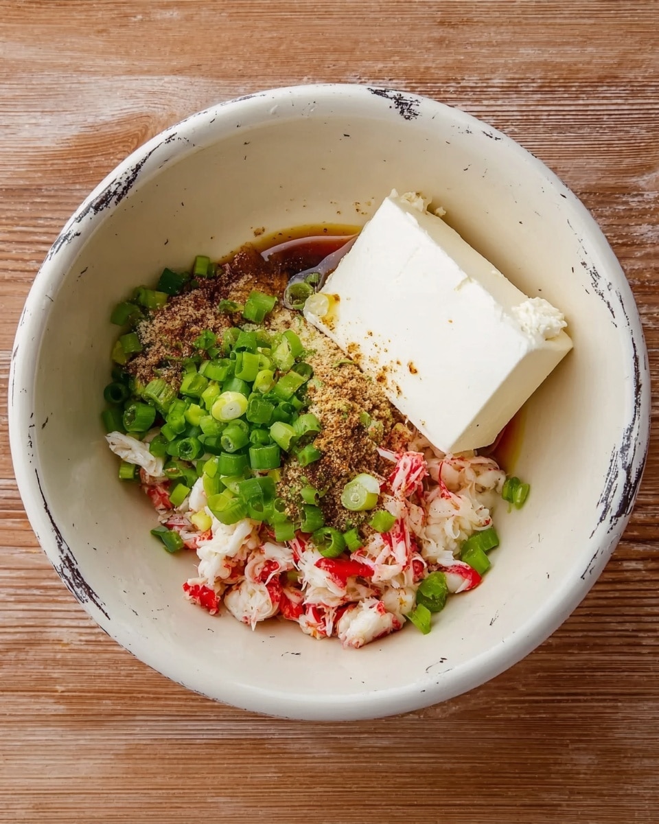 A white bowl with slight black marks on the edges contains several ingredients. On the bottom, there are small, thin pieces of red and white crab sticks mixed with finely chopped green onions. Sitting on top on one side is a white block of cream cheese, smooth and solid. Near the cream cheese, there are some brown seasonings sprinkled, along with a little soy sauce. The bowl is placed on a wooden surface. photo taken with an iphone --ar 4:5 --v 7