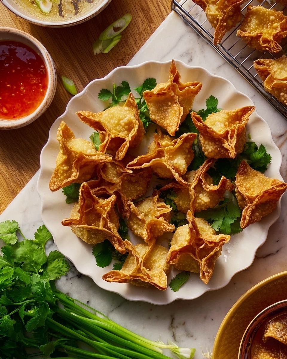 A white scalloped plate holds about a dozen golden fried wontons arranged loosely, with some fresh green cilantro leaves scattered between them. The wontons have crisp, wrinkled edges and a slightly bubbled texture. Around the plate are fresh green cilantro sprigs to the left, and bright green scallions placed diagonally on a white marbled surface. A bowl of red dipping sauce and a bowl with light-colored filling are partially visible, along with a cooling rack holding more fried wontons in the top right corner. The whole setting has a warm, inviting look with natural light. photo taken with an iphone --ar 4:5 --v 7