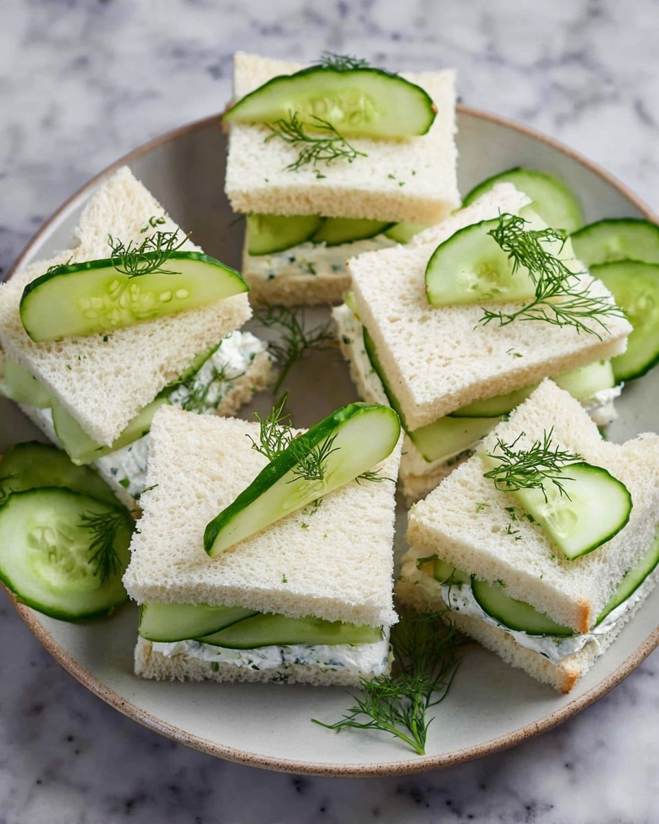A white bowl filled with several small, square sandwiches made of soft white bread without crusts, each sandwich has two layers: a thin layer of white creamy cheese spread with dark green herbs mixed in, and slices of light green cucumber inside. On top of each sandwich is a half-moon cucumber slice and small sprigs of fresh green dill. More cucumber slices and dill sprigs are scattered around the sandwiches on the bowl. The bowl is set on a white marbled surface. Photo taken with an iphone --ar 4:5 --v 7