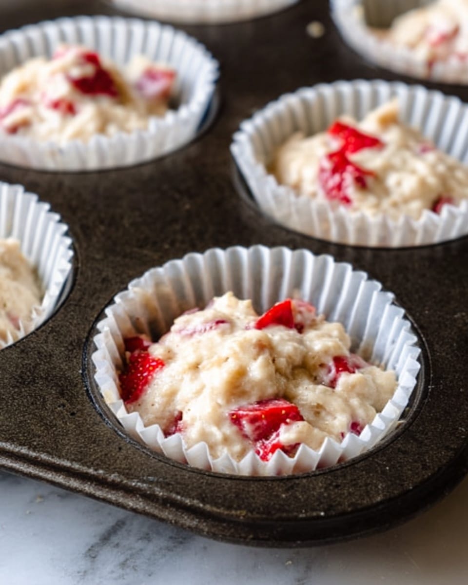 A close-up of a muffin with a crumbly, golden-brown top and bits of red fruit baked inside. The muffin is torn open, showing a soft, fluffy inside with a creamy white filling in the center. The torn muffin sits on a white plate with a subtle decorative edge, and other muffins with similar colors are slightly blurred in the background. The surface beneath the plate is a white marbled texture. Photo taken with an iphone --ar 4:5 --v 7