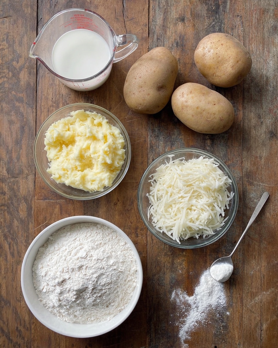 The image shows six items arranged on a wooden surface: in the top center are two whole light brown potatoes; below them to the right is a small metallic spoon with a white powder spilling onto the wood; to the left of the spoon is a glass bowl with light yellow mashed potatoes; below that is another glass bowl filled with white shredded potatoes; below and to the left of the shredded potatoes is a clear measuring cup containing a white liquid; and in the bottom left corner is a large white bowl filled with white flour. The items are spaced evenly and clearly visible. photo taken with an iphone --ar 4:5 --v 7