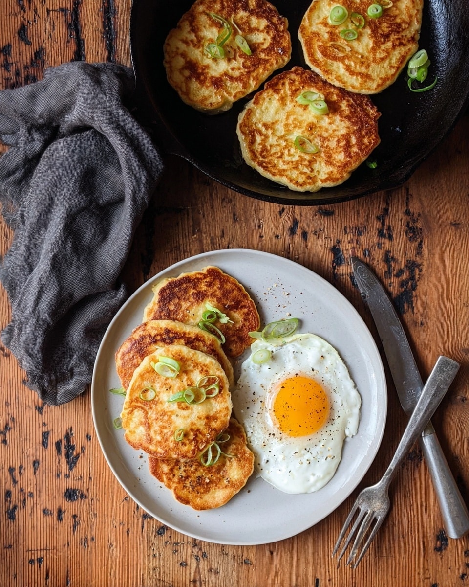 A white plate with three golden brown pancakes topped with small green onion pieces sits below a black cast iron pan holding four more golden brown pancakes. Next to the pancakes on the plate is a sunny-side-up egg with a bright yellow yolk and slightly crispy white edges, sprinkled with black pepper. The plate rests on a wooden table with some dark marks, alongside a silver knife and fork. A dark gray cloth is draped next to the pan's handle. photo taken with an iphone --ar 4:5 --v 7
