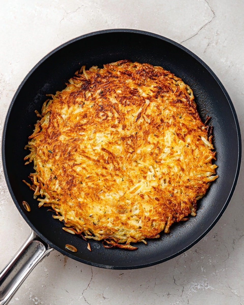 A round, golden brown potato pancake sits in a black frying pan with a silver handle. The pancake has a crispy surface with visible shredded potato strands toasted to different shades of brown, from light to dark, giving it a textured look. The edges are slightly uneven and crisp, showing some parts more browned than others. The pan rests on a white marbled surface, contrasting the warm colors of the pancake and the dark pan. photo taken with an iphone --ar 4:5 --v 7