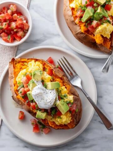 Sweet Potato Breakfast with Scrambled Eggs, Salsa, and Avocado Recipe