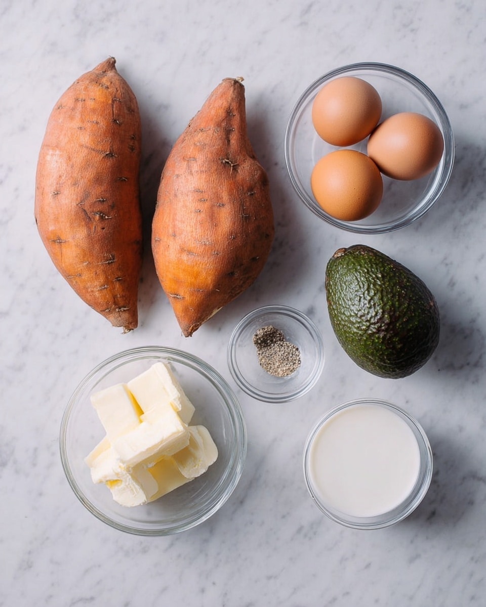 A white marbled surface holds two large orange sweet potatoes placed side by side, a dark green avocado with rough skin sits near the middle, and three small clear glass bowls contain different ingredients: one bowl has three brown eggs, another has a white block of butter, and the last one holds milk. There is also a small clear bowl with salt and black pepper mixed inside. The items are arranged with space between them, showing a neat and clean setup photo taken with an iphone --ar 4:5 --v 7