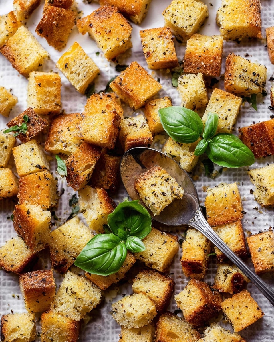 The image shows many golden brown croutons with a crispy texture scattered over a baking sheet. The croutons have a rough surface with visible herbs and black pepper sprinkled all over. A silver spoon holds a few croutons in the middle of the image. Bright green fresh basil leaves with smooth texture and natural shine are placed among the croutons, adding a fresh contrast. The background is a white marbled texture. photo taken with an iphone --ar 4:5 --v 7
