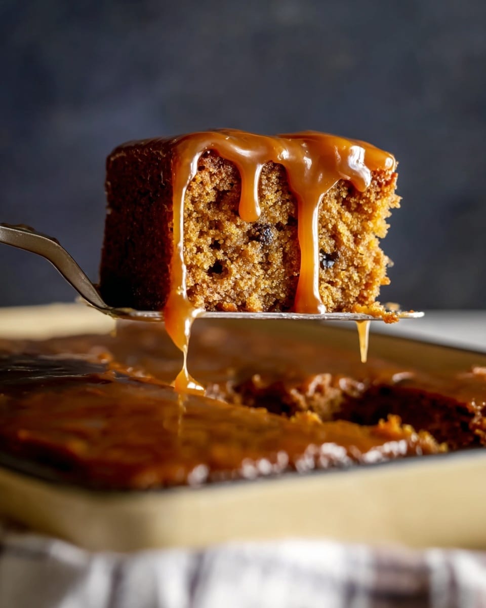 A single thick slice of brown cake with a moist texture is lifted on a spatula. The cake has three visible layers of crumb with small dark spots inside, and it is covered by a shiny caramel sauce that drips slowly down the sides. The background shows the rest of the cake in a beige pan, with the sauce spread over the top but slightly blurred. The overall scene is set against a dark, simple backdrop with a white marbled surface beneath. Photo taken with an iphone --ar 4:5 --v 7