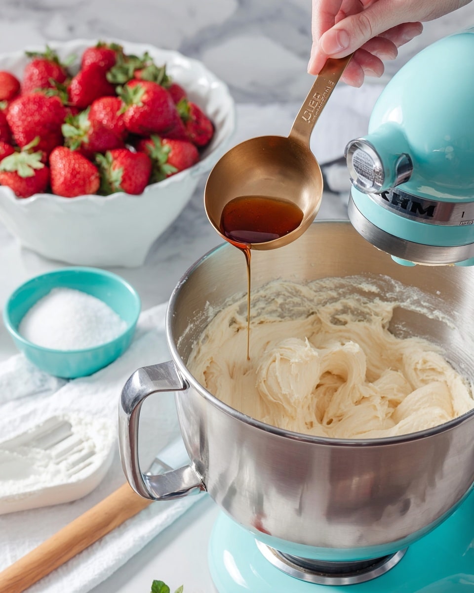 A silver mixing bowl attached to a light blue stand mixer holds a creamy off-white batter with soft texture and light brown swirls inside. A woman's hand holds a bronze measuring spoon labeled