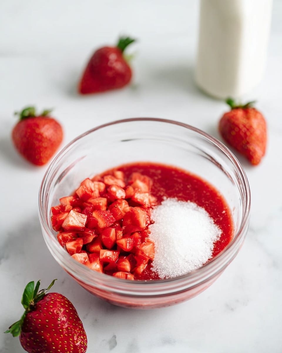 A clear glass bowl sits on a white marbled surface, filled with three main layers: a smooth red strawberry sauce at the bottom, small bright red diced fresh strawberries piled on one side, and a neat mound of white granulated sugar on the other side. Around the bowl, there are six whole fresh strawberries scattered, and a blurred bottle with white liquid is visible in the background. The image is bright and clean, showing the fresh colors and textures clearly, photo taken with an iphone --ar 4:5 --v 7