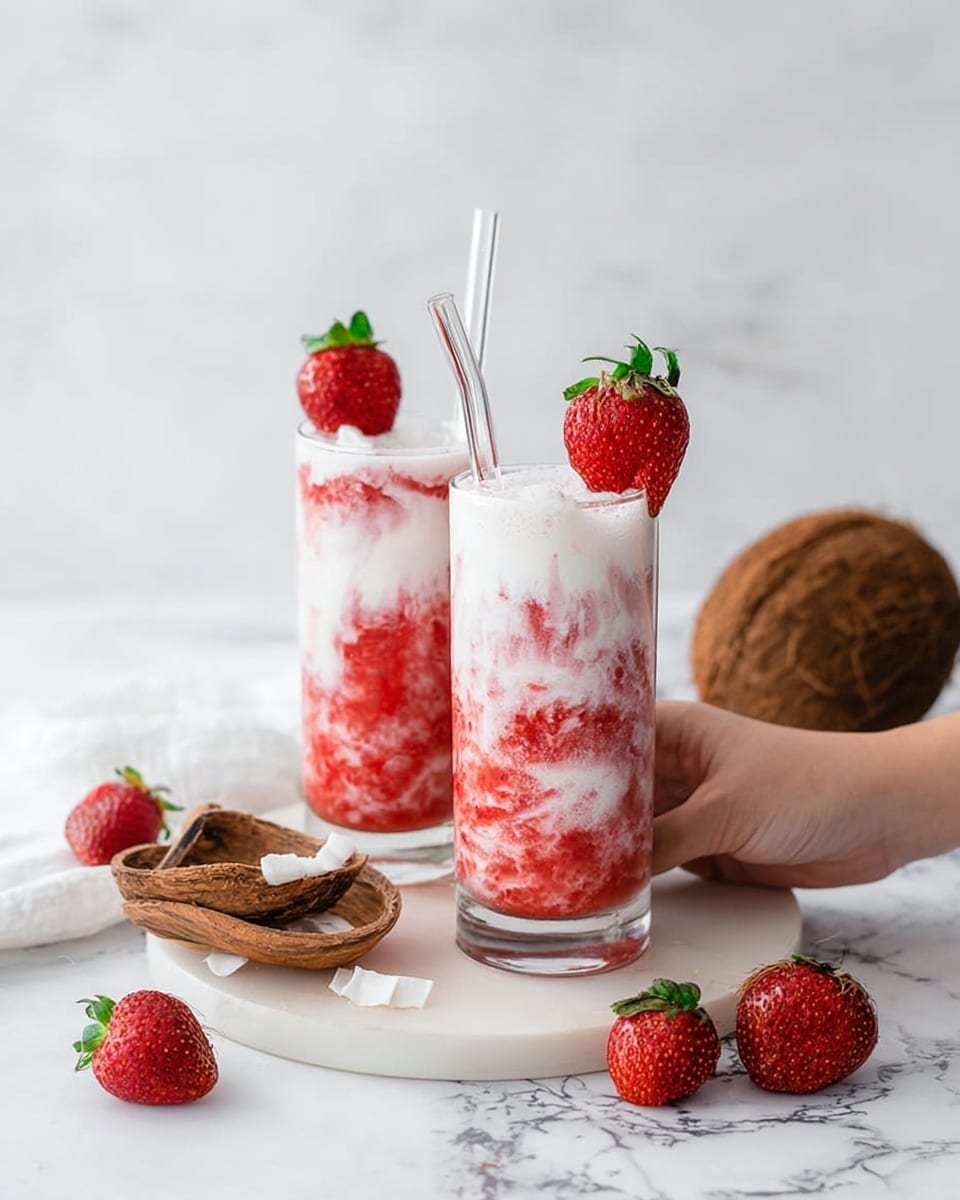 The image shows two tall clear glasses filled with a drink that has three layers mixed together: a white creamy layer, a red strawberry layer, and swirls of both colors blending throughout. Each glass is topped with a fresh red strawberry with green leaves, and a clear glass straw is placed inside each drink. The glasses sit on a round white tray with a wooden edge, against a white marbled surface. Around the tray, there are several fresh red strawberries and pieces of brown coconut shell. One woman's hand holds the glass in the front slightly. The whole setting is bright and clean. photo taken with an iphone --ar 4:5 --v 7