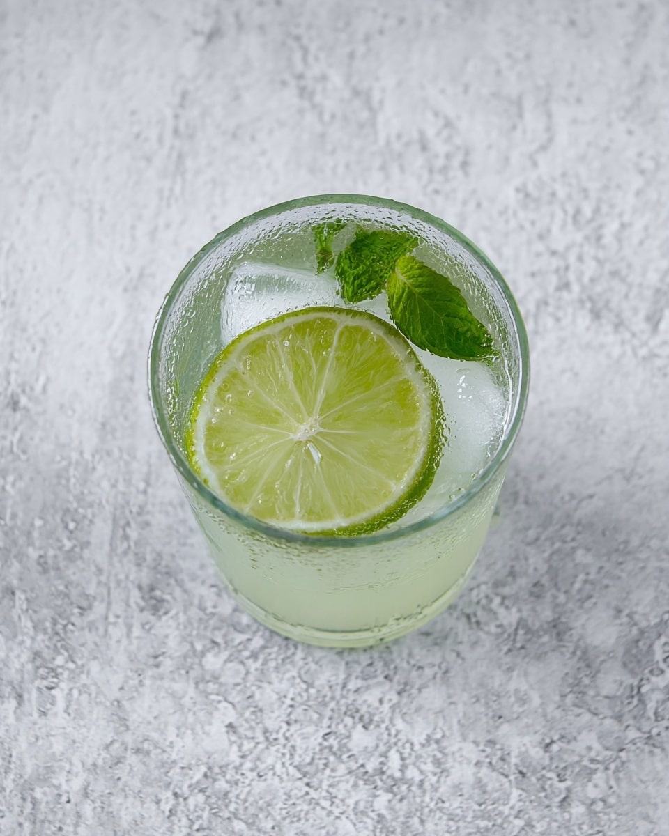 A clear glass filled with a pale green liquid, containing a few ice cubes. On top, a thin round slice of lime floats, bright green with a white center, accompanied by a small fresh green mint leaf. The glass is placed on a white marbled surface, showing some condensation on the glass from the cold drink. photo taken with an iphone --ar 4:5 --v 7