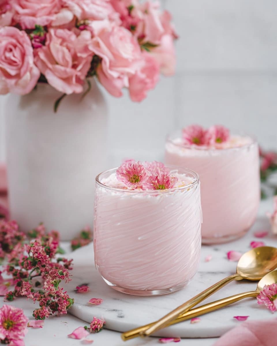 A close-up view of two white, swirled glass cups filled with a pale pink creamy drink, each topped with a small pink flower floating on the surface; the cups sit on a white marbled surface scattered with pink flower petals and small whole pink flowers. In the background, there is a white vase filled with clusters of soft pink roses adding a delicate, fresh touch. Two gold spoons lie beside the cups on the white marbled surface. The overall color tone is soft pink and white with hints of gold from the spoons. Photo taken with an iphone --ar 4:5 --v 7