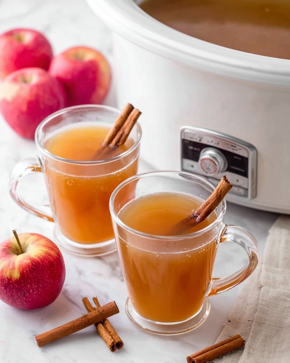 Two clear glass mugs with warm golden-brown liquid sit on a white marbled surface, each containing a cinnamon stick. Around the mugs are several cinnamon sticks and two whole red apples with shiny skin. In the background, there is a large white slow cooker filled with the same golden-brown liquid, all placed on the bright white marbled surface. A soft beige cloth is partially visible on the bottom right side. photo taken with an iphone --ar 4:5 --v 7