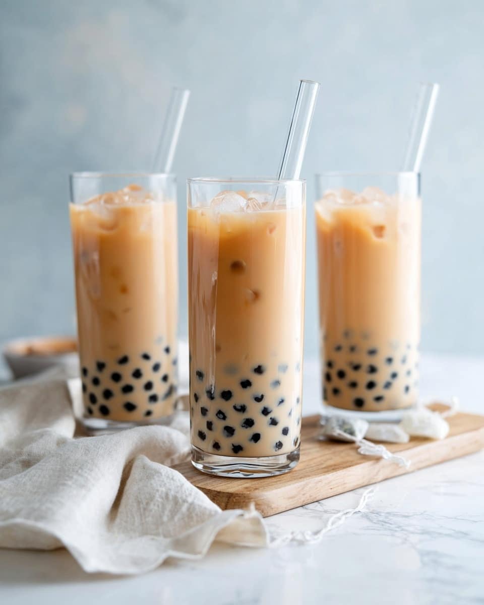 Three tall clear glasses filled with three layers each: the bottom layer has small black tapioca pearls, the middle layer is creamy light brown milk tea, and the top layer has small ice pieces floating on the surface. Each glass has a thin clear straw standing upright inside. The glasses are placed on a light wooden board, with a soft white cloth and tea bags nearby. The background is a soft, blurred pale blue, and the surface is white marbled texture. photo taken with an iphone --ar 4:5 --v 7