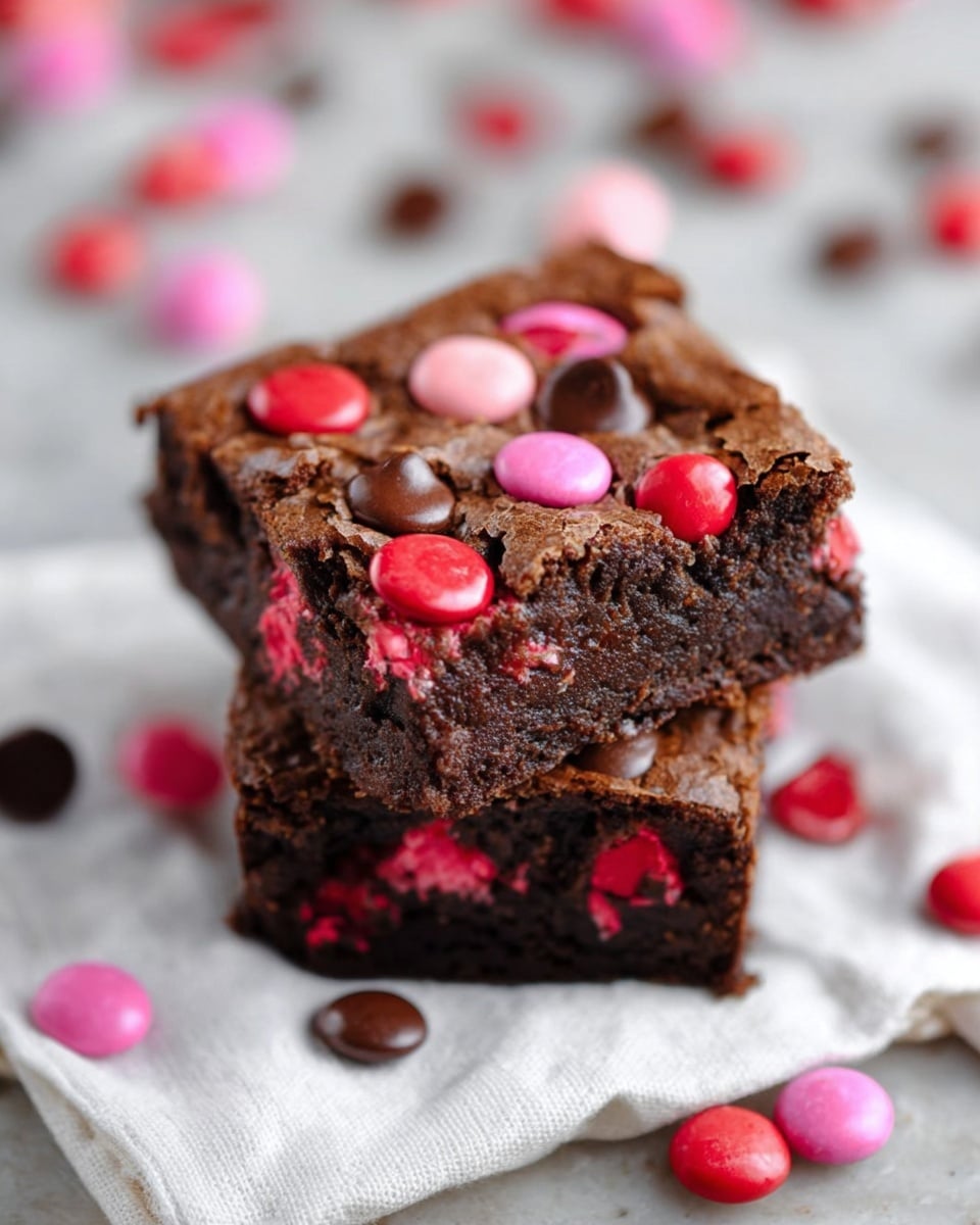 A stack of three rich, dark brown brownies sits on a white cloth on a wooden surface. Each brownie has a thick texture with a slightly cracked top layer, studded with pink and red candy pieces that add bright pops of color. Some candies are on the surface, while others are embedded inside the brownies, making the layers look moist and dense. Around the stack, there are a few scattered candies and dark chocolate chips for extra detail. The background is soft and neutral, keeping the focus on the dessert. Photo taken with an iphone --ar 4:5 --v 7