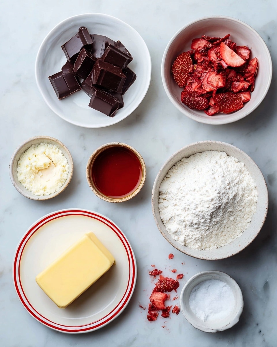 Several small white bowls and plates are set on a white marbled surface, each holding a different baking ingredient. From the lower left, there is a white plate with red trim holding a yellow block of butter. Above it and slightly to the right, a small white bowl contains dark chocolate squares. To the right of that, a larger white bowl holds a mound of white flour. Above the flour, a small white bowl is filled with dried red strawberry slices. To the left of the strawberries, two tiny white bowls hold a reddish-brown liquid and a white granulated ingredient. On the upper right, a small white bowl with red trim is filled with white sugar. A few crumbs of dried strawberries are scattered around the bowls. The overall look is neat, bright, and inviting. photo taken with an iphone --ar 4:5 --v 7