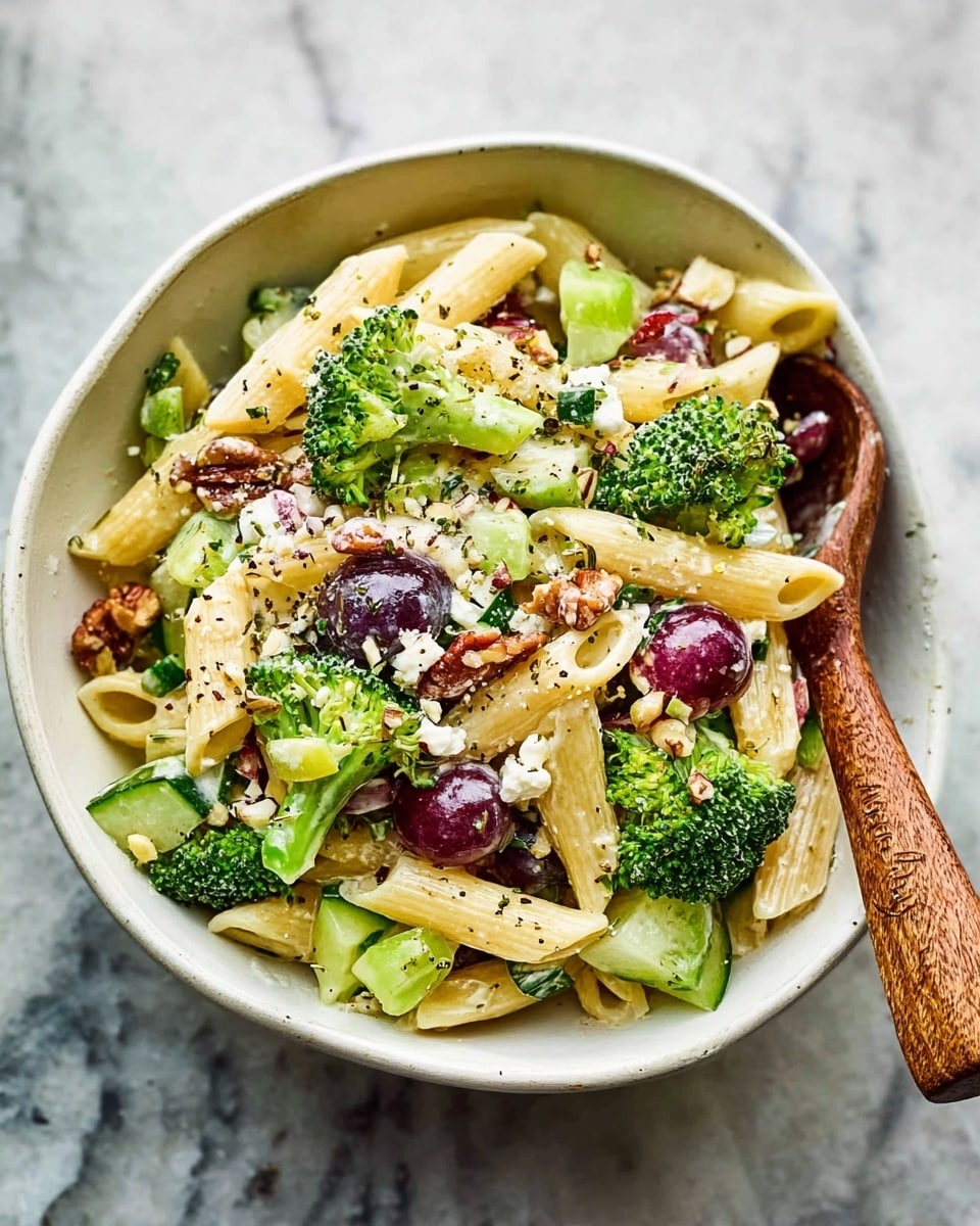 A white bowl filled with a colorful pasta salad, showing three layers of penne pasta pieces in pale yellow mixed with bright green broccoli florets and chunks of cucumber. Scattered throughout are halved dark red grapes and pieces of toasted brown nuts. The salad is topped with crumbly white cheese and sprinkled with black pepper and herbs. A wooden-handled fork is placed inside the bowl. The bowl sits on a white marbled surface. photo taken with an iphone --ar 4:5 --v 7