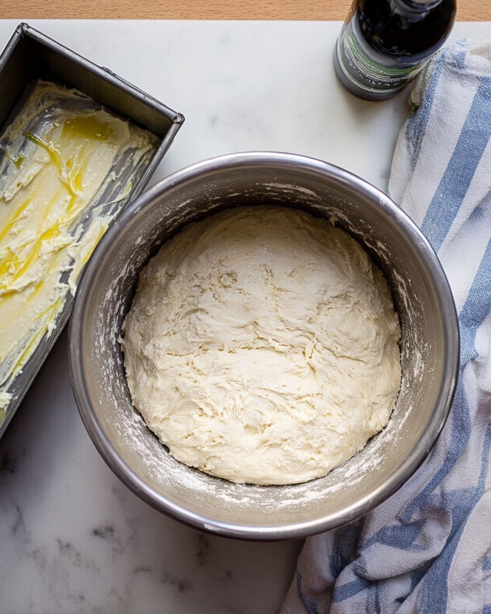 The image shows a metal mixing bowl filled with soft dough that has a smooth, slightly sticky texture, with some light patches of flour around the edges inside the bowl. Next to the bowl, on the left, is a shiny metal loaf pan with a thin layer of butter spread inside. To the right side of the bowl, a white cloth with blue stripes is partially visible on a white marbled surface, and a dark olive oil bottle is placed near the top right corner. photo taken with an iphone --ar 4:5 --v 7