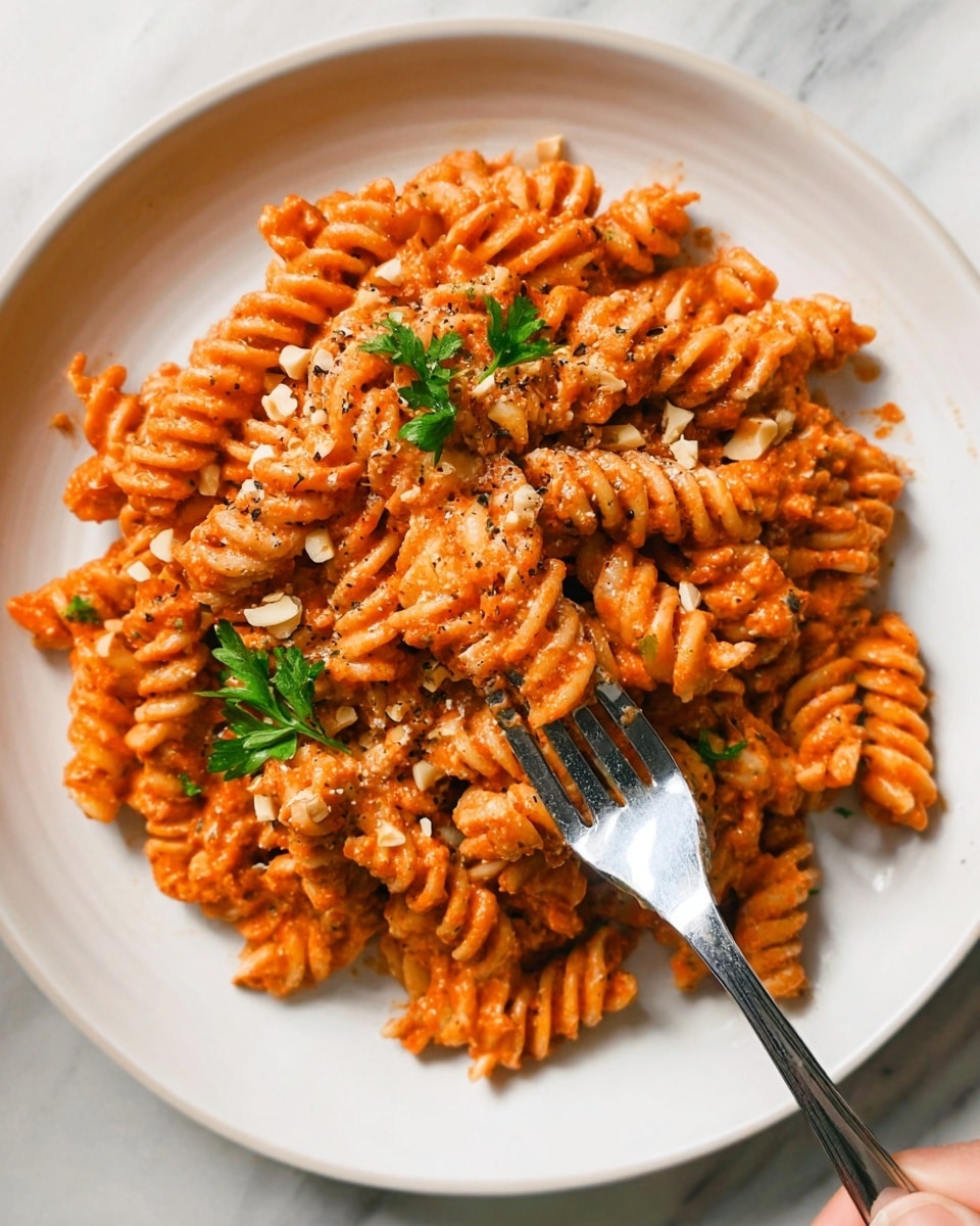 A close-up view of a white plate filled with twisted fusilli pasta coated in a thick, creamy orange-red sauce, scattered with small pieces of chopped nuts and green parsley leaves, adding texture and color contrast. A fork held by a woman's hand lifts some pasta from the plate. The background shows a white marbled surface. photo taken with an iphone --ar 4:5 --v 7