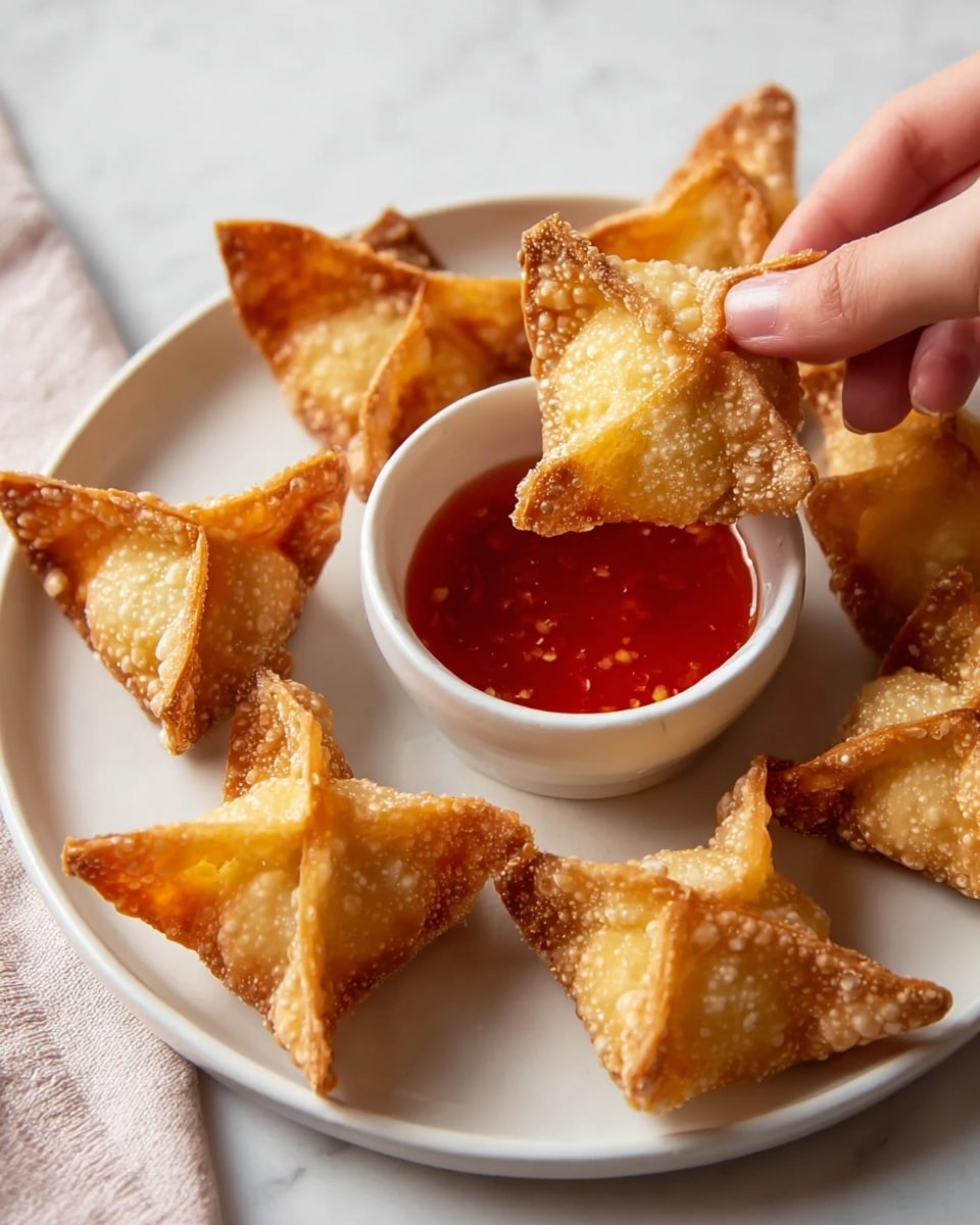 A white plate with seven golden brown fried wontons arranged around a small white bowl filled with bright red dipping sauce. A woman's hand is holding one wonton dipped halfway in the sauce. The wontons have a crispy texture with small bubbles on the surface and folded edges that create a puckered, triangular shape. The plate sits on a white marbled surface with a soft light highlighting the warm colors of the wontons and sauce photo taken with an iphone --ar 4:5 --v 7