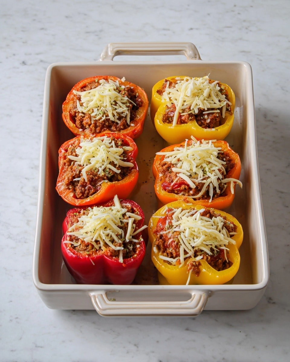 Six bell pepper halves in red, yellow, and orange colors are placed in a white baking dish with two handles. Each pepper half is filled with a brown, chunky meat and tomato mixture, topped with a small pile of shredded white and light yellow cheese. The dish sits on a white marbled surface. photo taken with an iphone --ar 4:5 --v 7