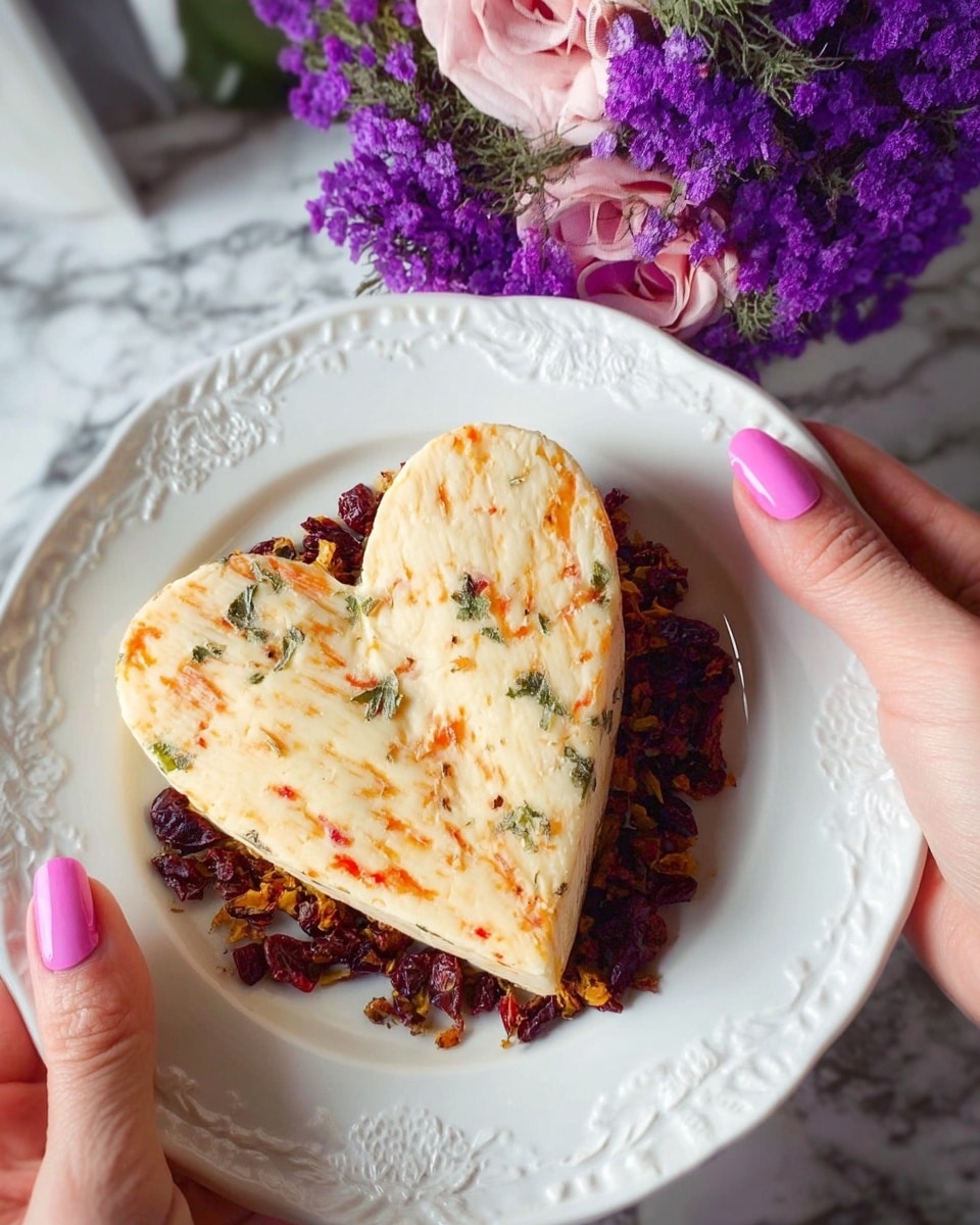 A heart-shaped piece of soft, creamy cheese with light orange and red specks on the surface sits at the center of a white ornate plate. Underneath the cheese is a dark layer made of small chopped dried fruits and herbs, showing deep reds, bright orange, and green colors. A woman's hand with pink nail polish gently holds the edges of the plate from both sides. In the background, there is a bunch of purple, pink, and lavender flowers placed on a white marbled texture. photo taken with an iphone --ar 4:5 --v 7