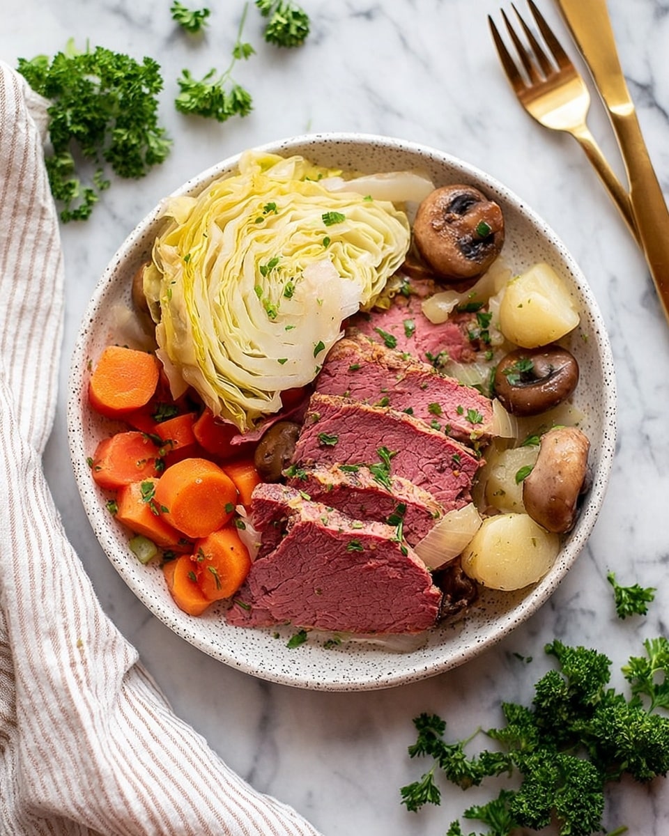 A white speckled plate holds a meal with three main layers: the bottom layer has light yellow cabbage wedges arranged on one side; the middle layer includes peeled orange carrot chunks and whole brown mushrooms scattered around; the top layer features three thick slices of pink corned beef sprinkled with small green parsley leaves. The plate is placed on a white marbled surface with scattered parsley leaves around. A white and beige striped cloth is visible on the lower left, and golden fork and knife rest on the right side. Photo taken with an iphone --ar 4:5 --v 7