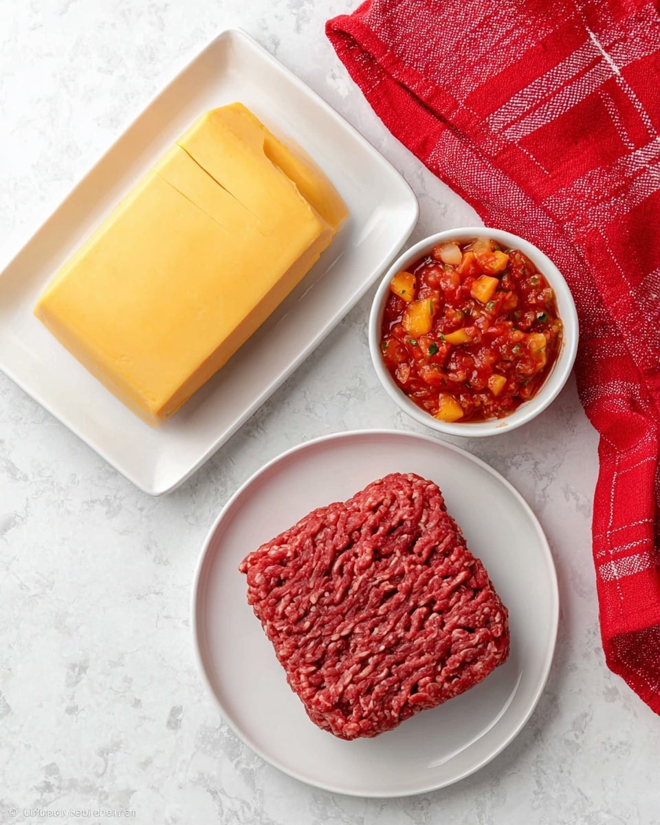 The image shows three food items arranged neatly on a white marbled surface. At the bottom center is a white round plate holding a square block of raw ground beef, which has a deep red and slightly brown color with a textured surface. Above it, slightly to the left, there is a white rectangular plate with a large solid block of yellow cheese that has a smooth surface with subtle lines on top. To the right of the cheese, a small white bowl is filled with chunky red salsa that shows pieces of diced tomatoes and small bits of green and orange vegetables. A bright red cloth with a white checkered pattern is partially visible in the upper right corner. photo taken with an iphone --ar 4:5 --v 7