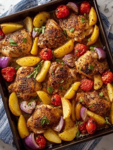 Mediterranean Baked Chicken Thighs with Roasted Potatoes, Cherry Tomatoes, and Lemon-Garlic Marinade Recipe