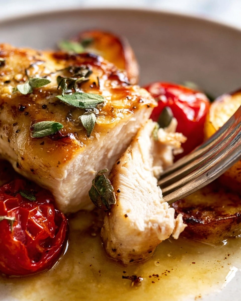 The image shows a close-up of a cooked piece of chicken with a golden brown, slightly crispy skin, topped with small green herb leaves. The chicken is resting on a white plate with a light sauce pooling underneath. Around the chicken, there are charred red cherry tomatoes and browned slices of potato giving a mix of red and golden yellow colors. A silver fork is lifting a tender, juicy piece of chicken, showing its white inside. The plate sits on a white marbled surface. photo taken with an iphone --ar 4:5 --v 7