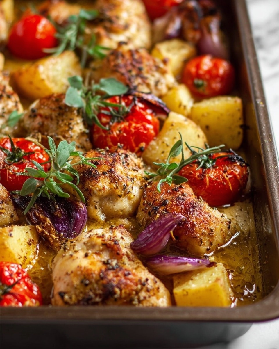 This image shows a baked dish with three main layers: the bottom layer has a light brown sauce with a slightly oily texture, pooling gently around the other ingredients; the middle layer is made up of golden-brown cooked chicken pieces with a crispy, slightly peppered surface; the top layer includes red cherry tomatoes, small yellow potato chunks, and irregular purple onion pieces, all roasted until soft and slightly charred. Fresh green herb sprigs are scattered on top for color and freshness. The dish is displayed inside a dark baking tray on a white marbled texture background photo taken with an iphone --ar 4:5 --v 7