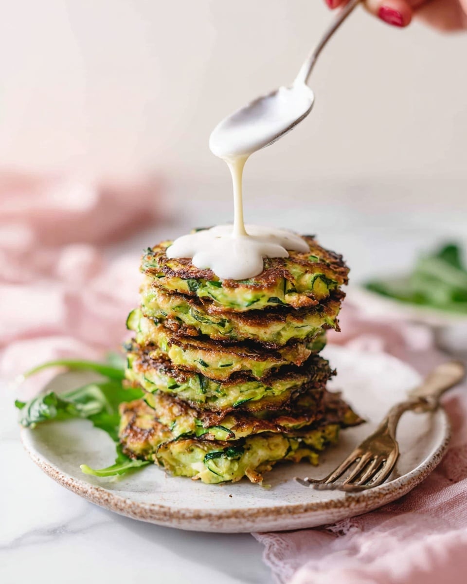 A stack of five golden brown zucchini fritters with visible green bits of zucchini and herbs sits on a white plate with a rough edge, placed on a white marbled surface. On top of the stack, a dollop of thick white sauce is being drizzled down from a spoon held by a woman's hand from above. To the side of the plate, there are some green leafy vegetables, and around it, a silver fork and a pink cloth are placed. The background is softly lit and mostly white, creating a fresh and clean look. photo taken with an iphone --ar 4:5 --v 7