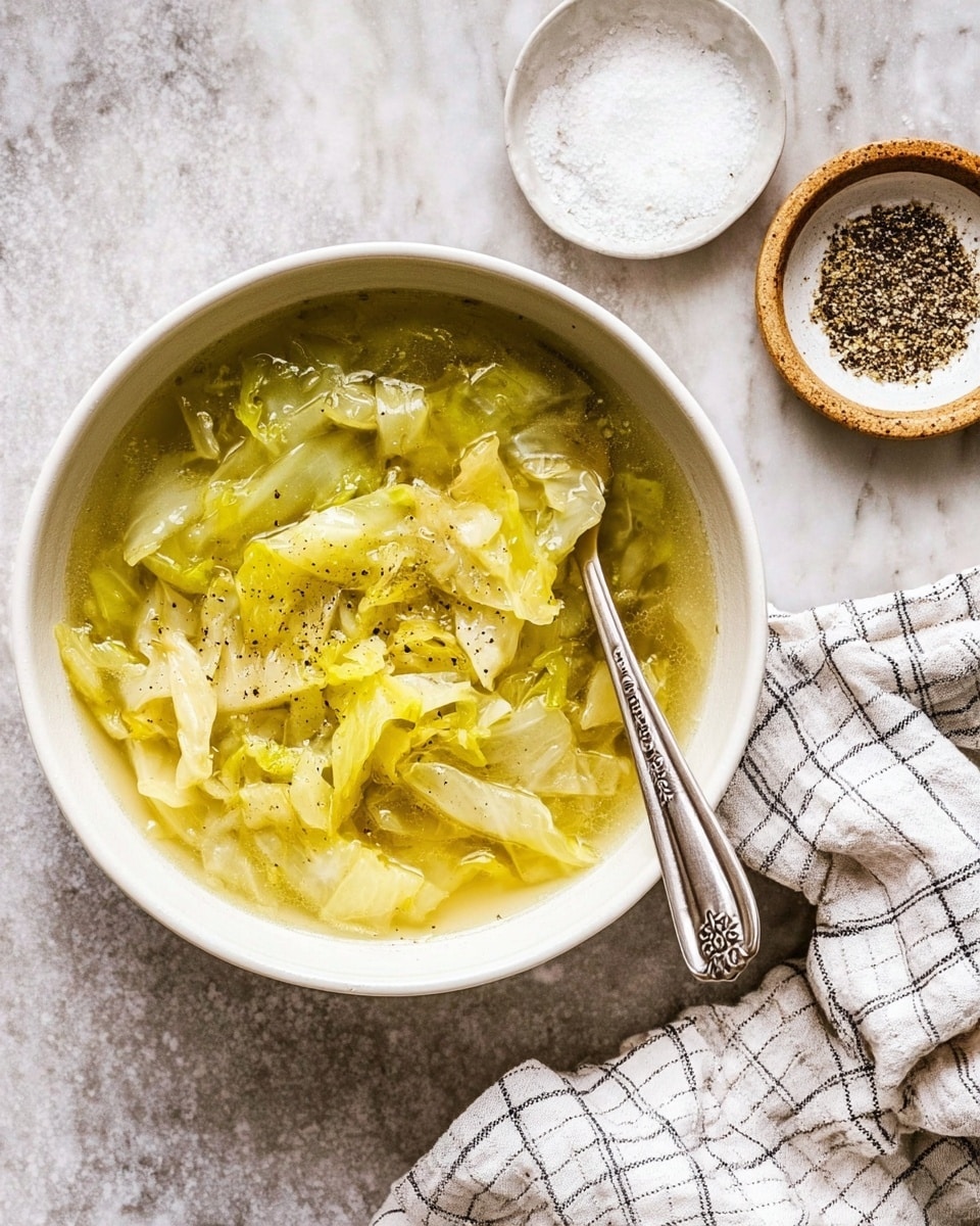 A white bowl filled with light yellow cabbage soup showing roughly chopped cabbage pieces floating in clear broth, sprinkled with small black pepper bits. A silver spoon with an engraved handle sits inside the bowl, partially submerged in the soup. Next to the bowl, there is a small white dish with a mix of salt and black pepper. The bowls rest on a white marbled surface with a crumpled white and black checked cloth nearby. photo taken with an iphone --ar 4:5 --v 7